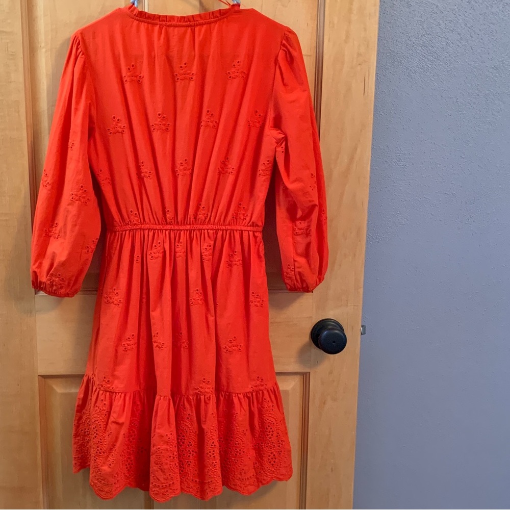 (K228) NWOT Knox Rose 3/4 Sleeve Red-Orange Sz XS Eyelet Dress Scalloped Hemline - Picture 2 of 12
